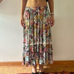 Free People Colorful Floral high/low elastic waist tiered skirt